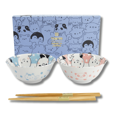 TOKYO DESIGN STUDIO Kawaii Animals Tayo Bowl Geschenkset 2 Stück mit Essstäbchen – 15,2x6,7 cm / 500 ml – Blau/Rosa
