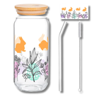 Alphynix Oster-Glas 500ml mit Bambusdeckel & Glasstrohhalm – Kaninchen- & Osterei-Muster Bild 1