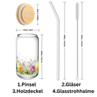 Alphynix Oster-Tee-Glas 500ml mit Holzdeckel & Glasstrohhalm- buntes Ei & Blumenmuster Bild 2