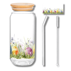 Alphynix Oster-Tee-Glas 500ml mit Holzdeckel & Glasstrohhalm- buntes Ei & Blumenmuster Bild 1
