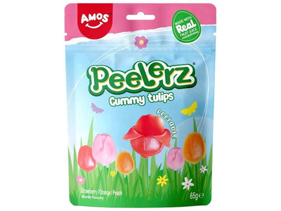 AMOS Peelerz Schälbare Fruchtgummi-Tulpen Erdbeere, Orange & Pfirsich 65g