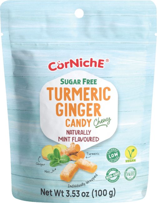 CORNICHE Zuckerfreie Kaubonbons mit Kurkuma und Ingwer Minzgeschmack 100g