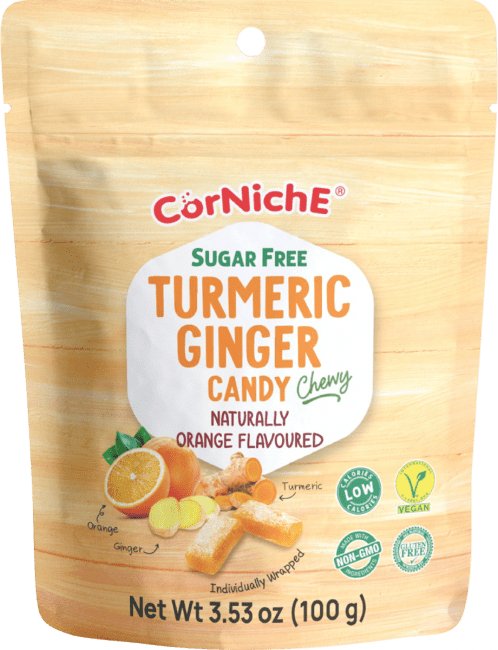 CORNICHE Zuckerfreie Kaubonbons mit Kurkuma und Ingwer Orangengeschmack 100g