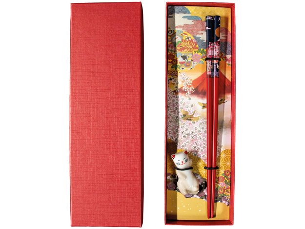 Essstäbchen Set Glückskatze (1 Paar Stäbchen & 1 Keramikhalter)