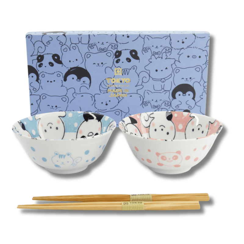 TOKYO DESIGN STUDIO Kawaii Animals Tayo Bowl Geschenkset 2 Stück mit Essstäbchen – 15,2x6,7 cm / 500 ml – Blau/Rosa