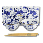 TOKYO DESIGN STUDIO Kawaii Cat Tayo Bowl Geschenkset 2 Stück mit Essstäbchen – 14,9x6,7 cm / 500 ml – Blau/Weiß Bild 1