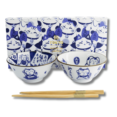 TOKYO DESIGN STUDIO Kawaii Cat Tayo Bowl Geschenkset 2 Stück mit Essstäbchen – 14,9x6,7 cm / 500 ml – Blau/Weiß
