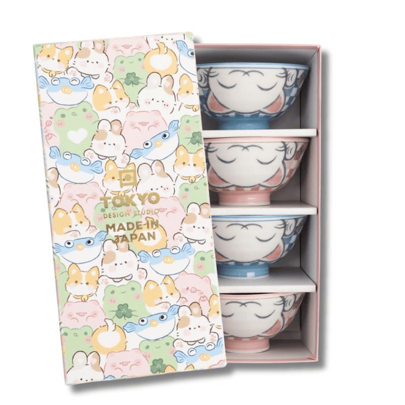 TOKYO DESIGN STUDIO Kawaii Lucky Cat Blue/Pink Reisschalen Geschenkset 4 Stück – 11,3x5,8 cm / 300 ml (B)