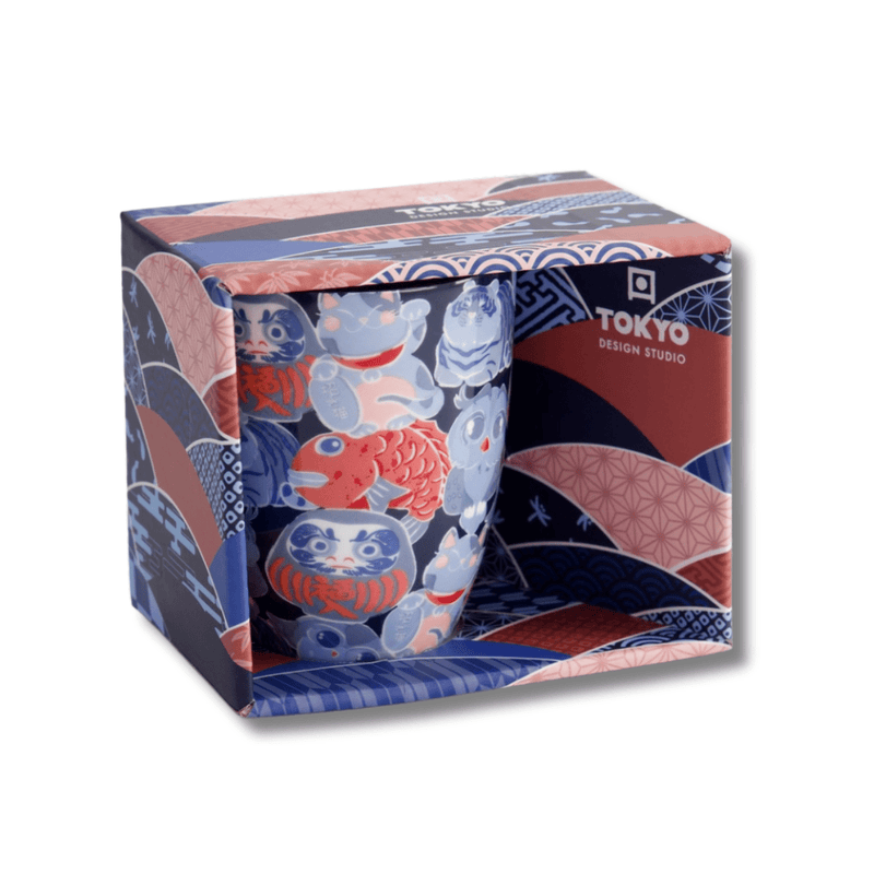 TOKYO DESIGN STUDIO Kawaii Lucky Daruma Lucky Cat Mug mit Geschenkbox – 8,5x10,2 cm / 340 ml