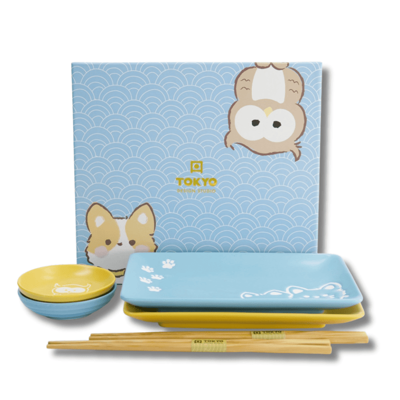 TOKYO DESIGN STUDIO Kawaii Shiba Owl Sushi Geschenkset 6-teilig – Blau/Gelb